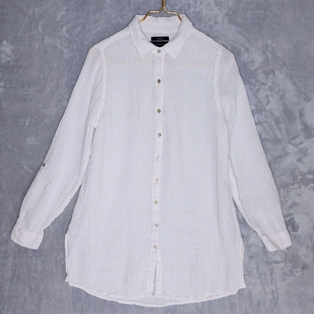 TAHARI White Linen Longline Button Up Tunic Top Size S Roll-Tab Textured Gauze